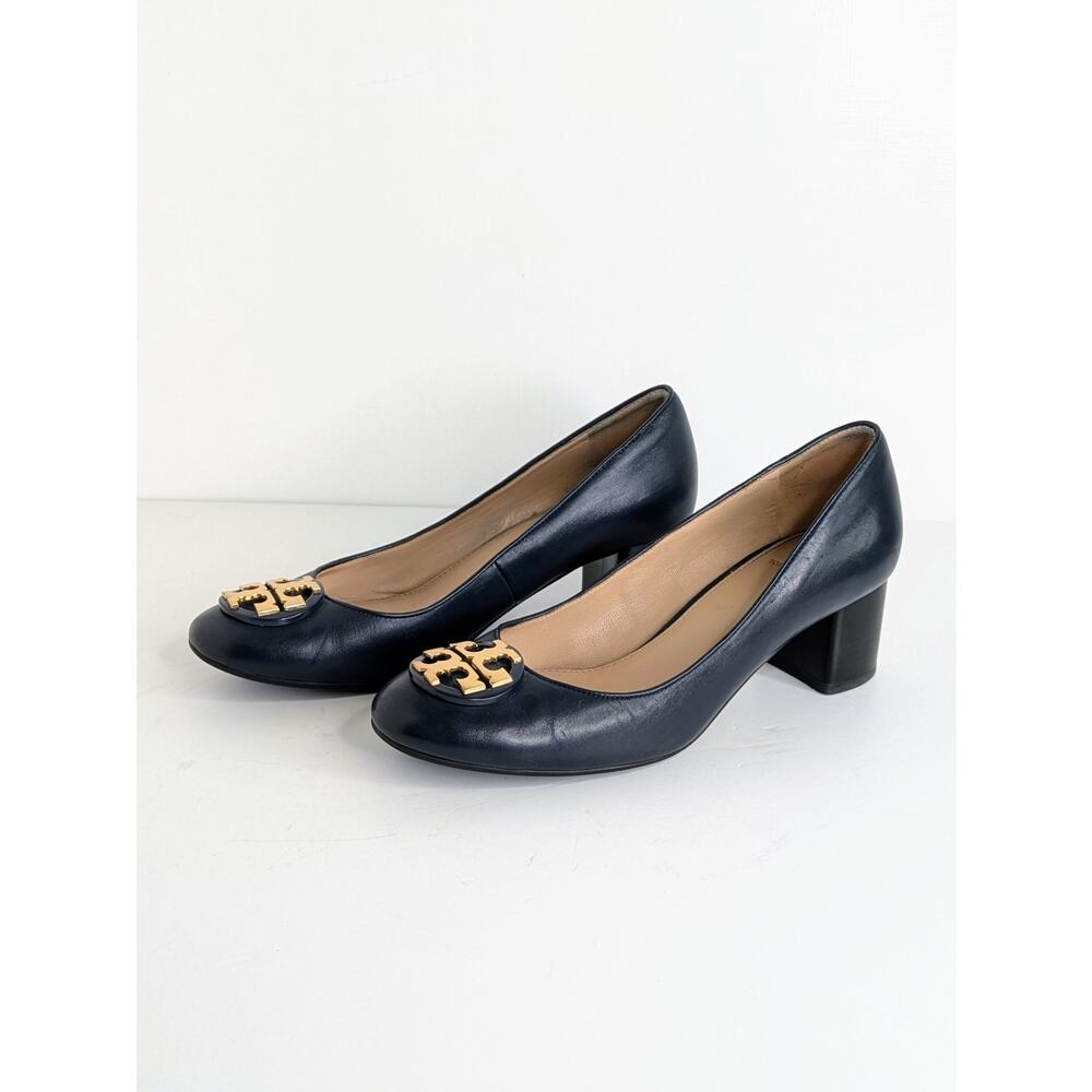Tory Burch Janey Block Heel Pumps 7.5 Navy Blue Leather Gold Logo Classic